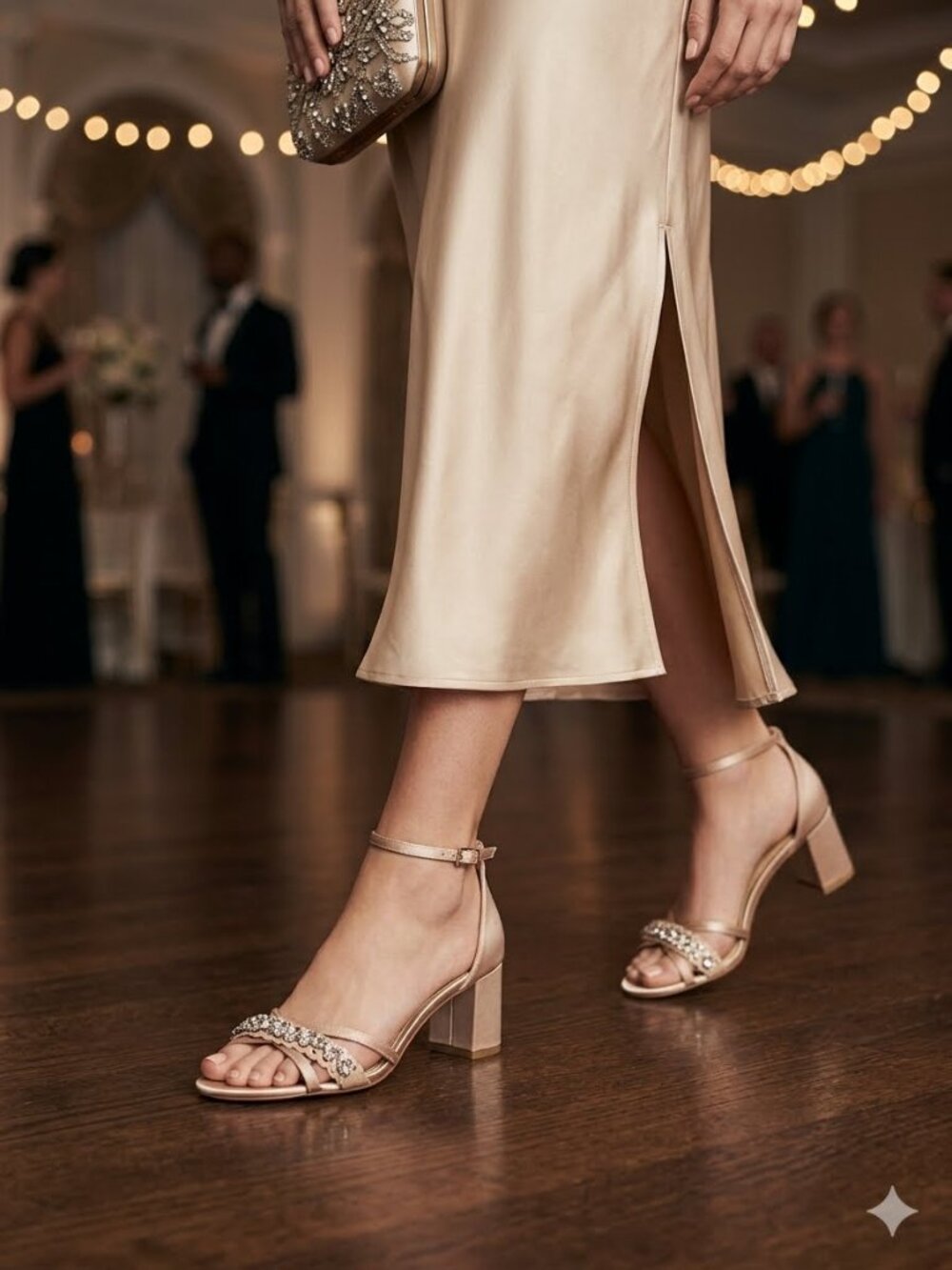 Jewel Badgley Mischka Giona Crystal Block Heel Sandals Champagne Satin NIB sz8.5